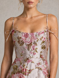 Pink Floral Jacquard Midi Dress with Spaghetti Straps