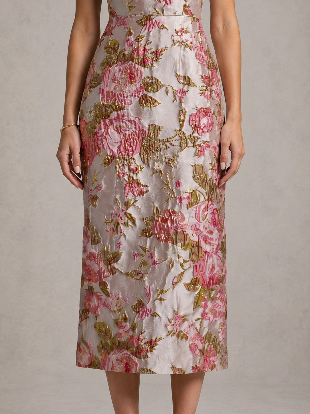 Pink Floral Jacquard Midi Dress with Spaghetti Straps