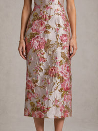 Pink Floral Jacquard Midi Dress with Spaghetti Straps