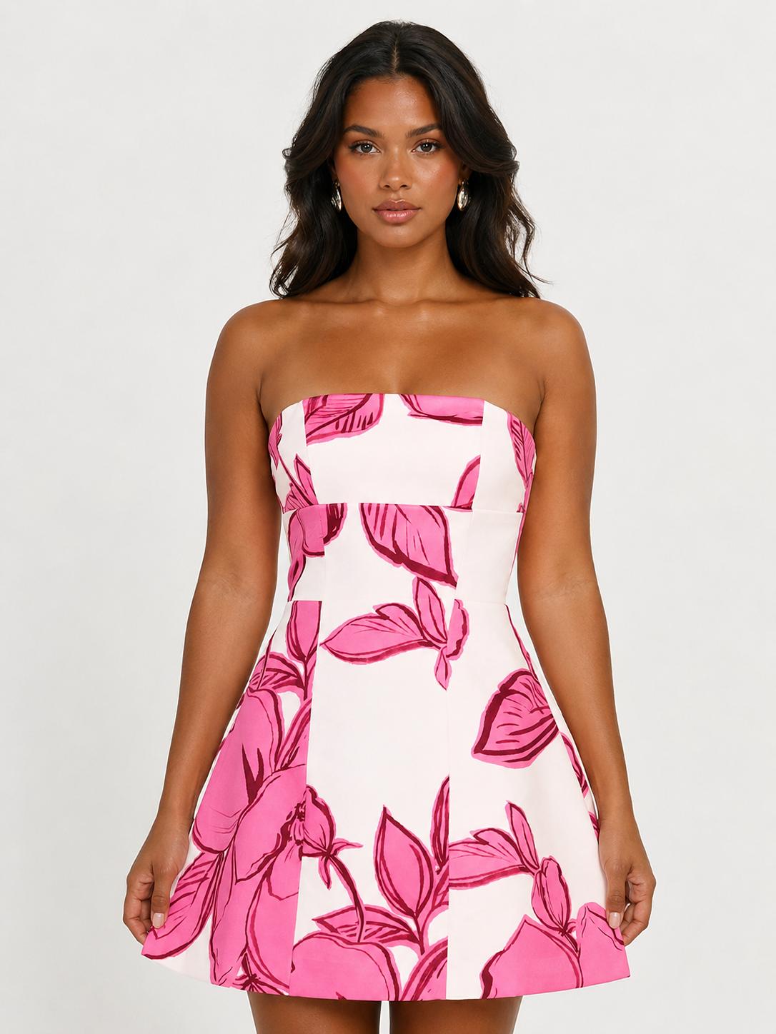Pink floral mini dress with strapless bandeau neckline