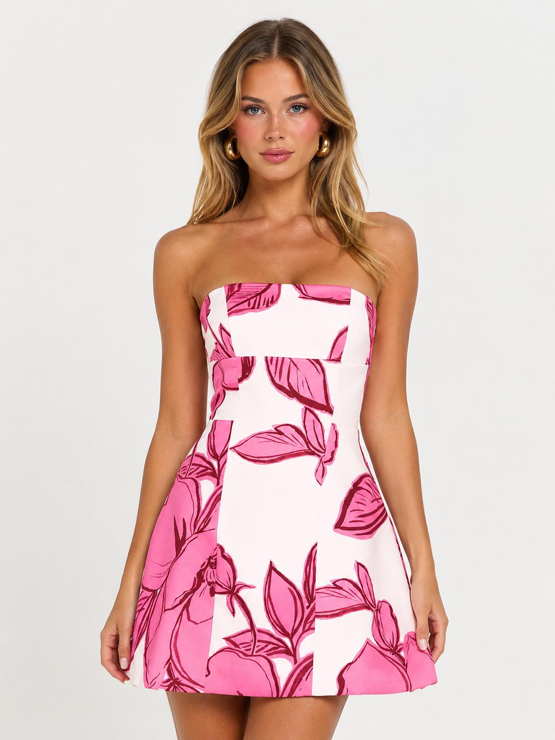 Strapless pink floral print mini dress for women
