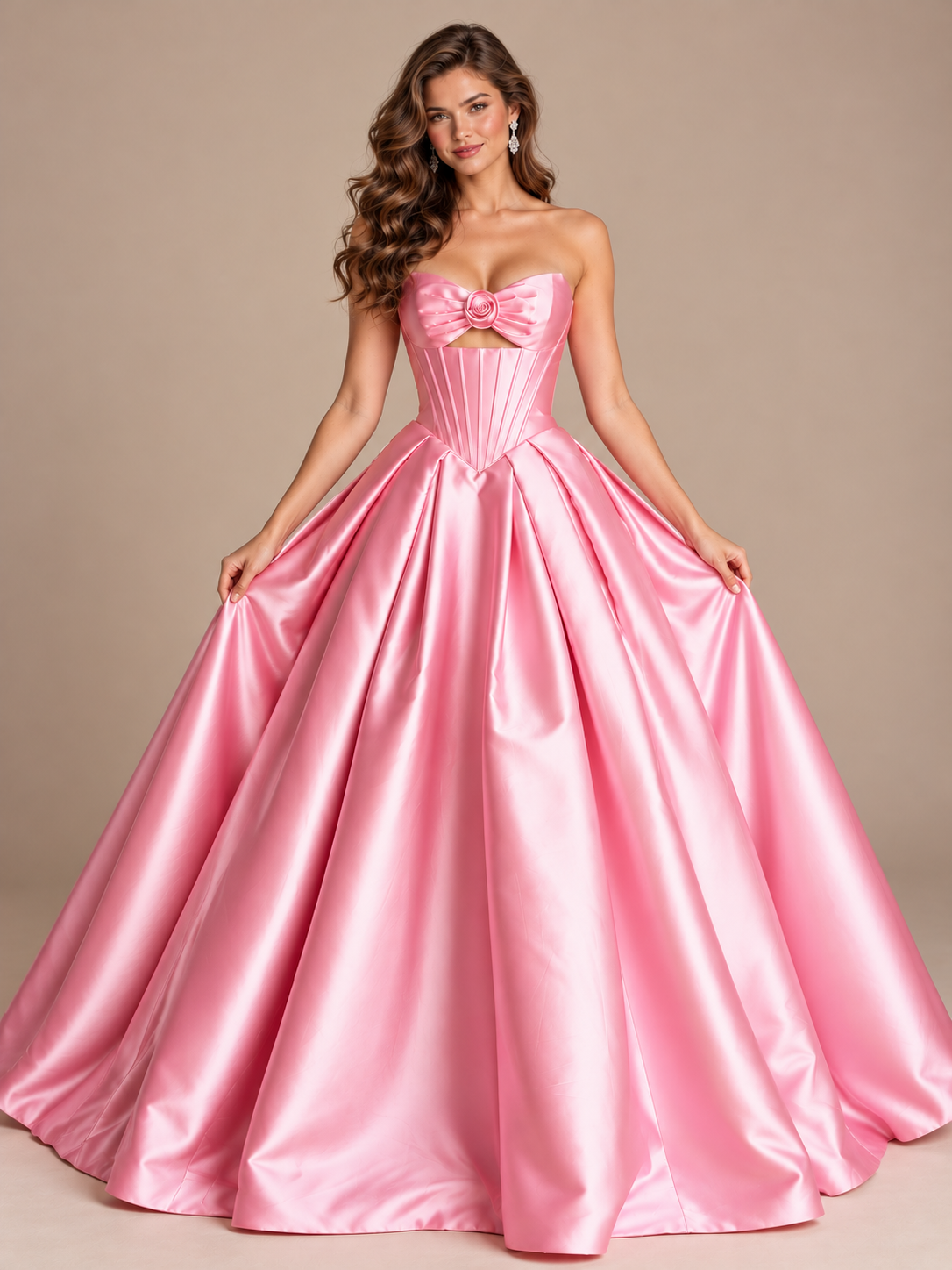 Pink Strapless Corset Satin Prom Derss & Ball Gown with 3D Floral