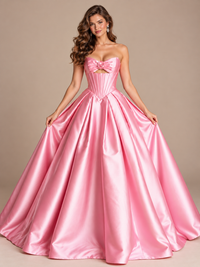 Pink Strapless Corset Satin Prom Derss & Ball Gown with 3D Floral