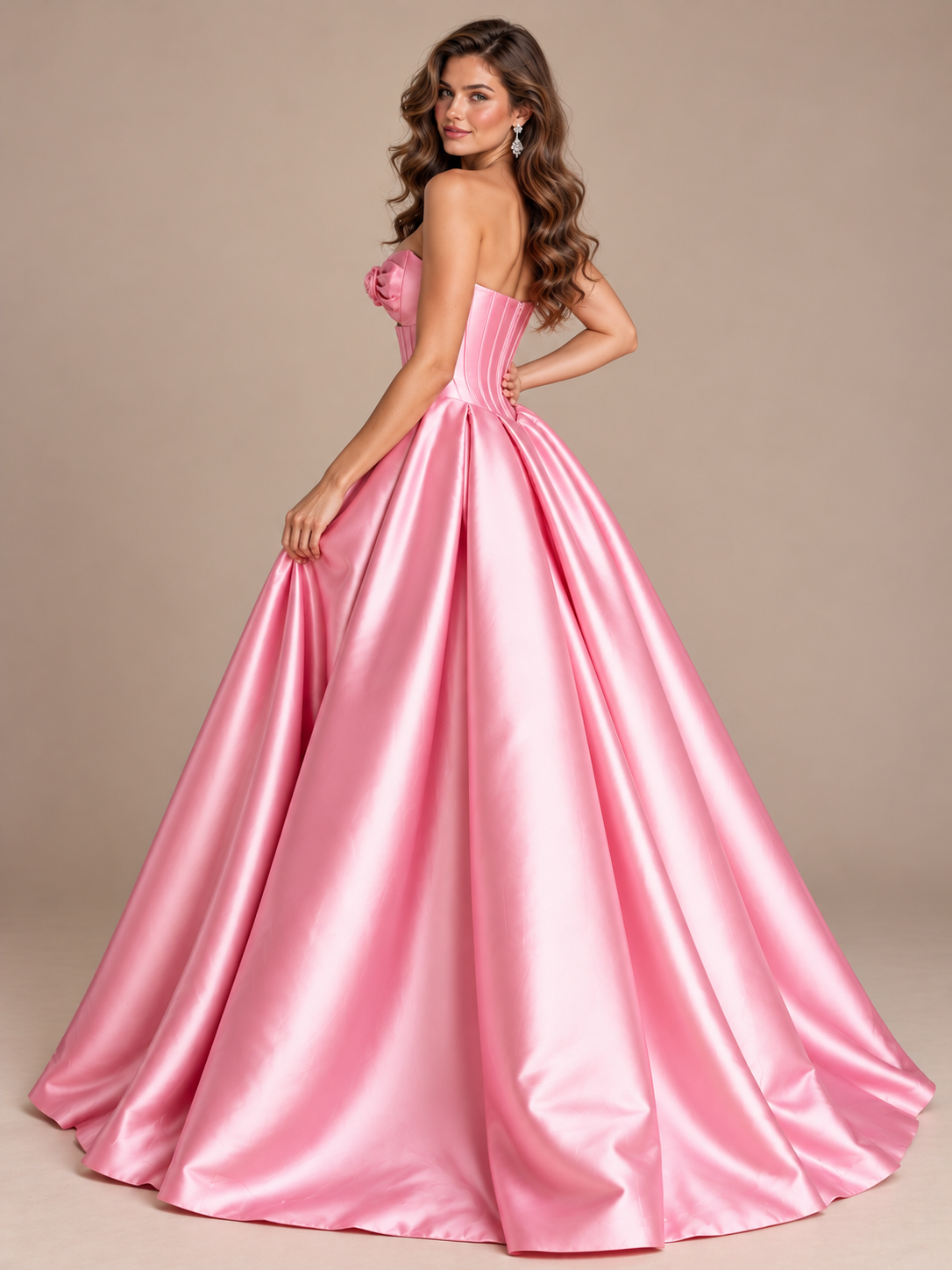 Pink Strapless Corset Satin Prom Derss & Ball Gown with 3D Floral