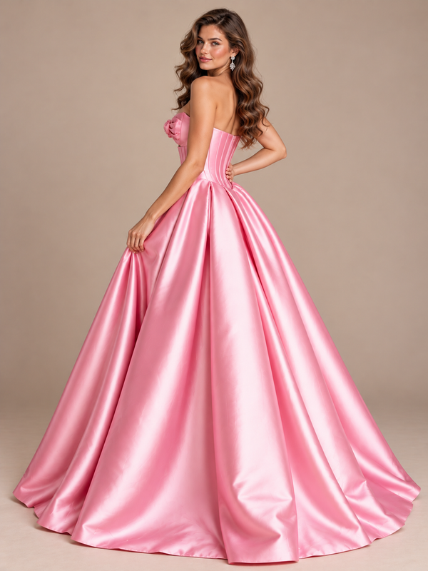 Strapless Corset Satin Prom Derss & Ball Gown with 3D Floral
