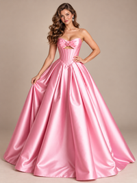 Pink Strapless Corset Satin Prom Derss & Ball Gown with 3D Floral