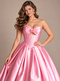 Pink Strapless Corset Satin Prom Derss & Ball Gown with 3D Floral