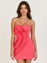 Pink strapless mini dress with cascading pleated ruffles