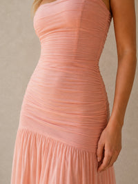 Coral Strapless Ruched Chiffon Drop-Waist Maxi Dress