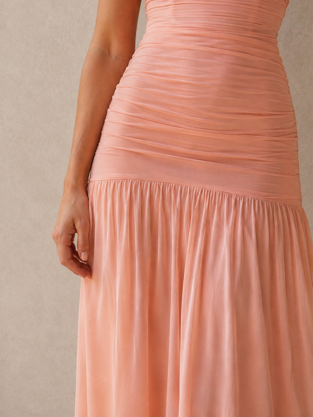 Coral Strapless Ruched Chiffon Drop-Waist Maxi Dress