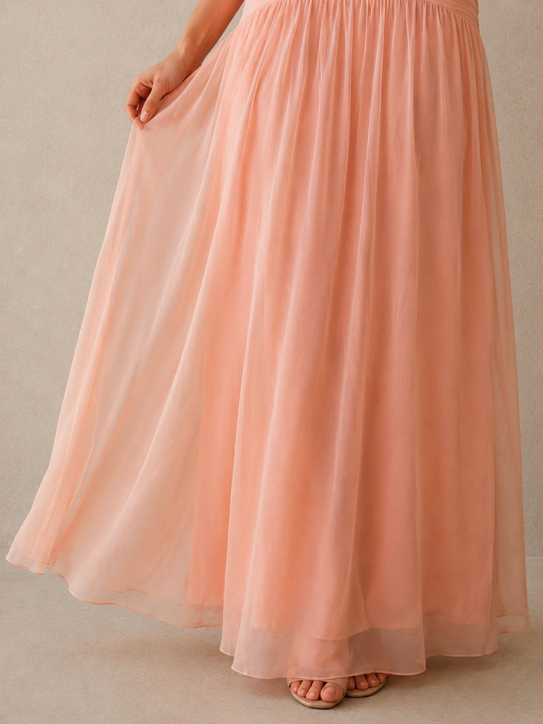 Coral Strapless Ruched Chiffon Drop-Waist Maxi Dress