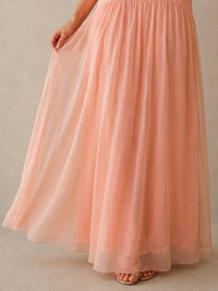 Coral Strapless Ruched Chiffon Drop-Waist Maxi Dress