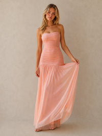 Coral Strapless Ruched Chiffon Drop-Waist Maxi Dress