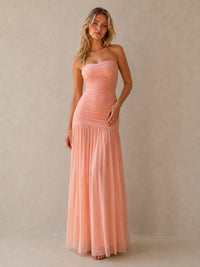 Coral Strapless Ruched Chiffon Drop-Waist Maxi Dress