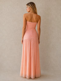 Coral Strapless Ruched Chiffon Drop-Waist Maxi Dress