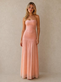Coral Strapless Ruched Chiffon Drop-Waist Maxi Dress