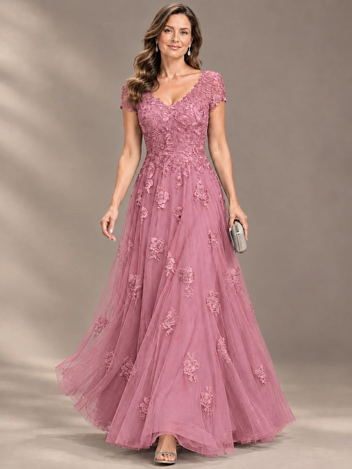 Lace Appliques A-line Mother of The Bride Dresses with Short Sleeves