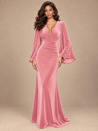 Burgundy Velvet Deep V-Neck Ruched Long Sleeve Maxi Dress