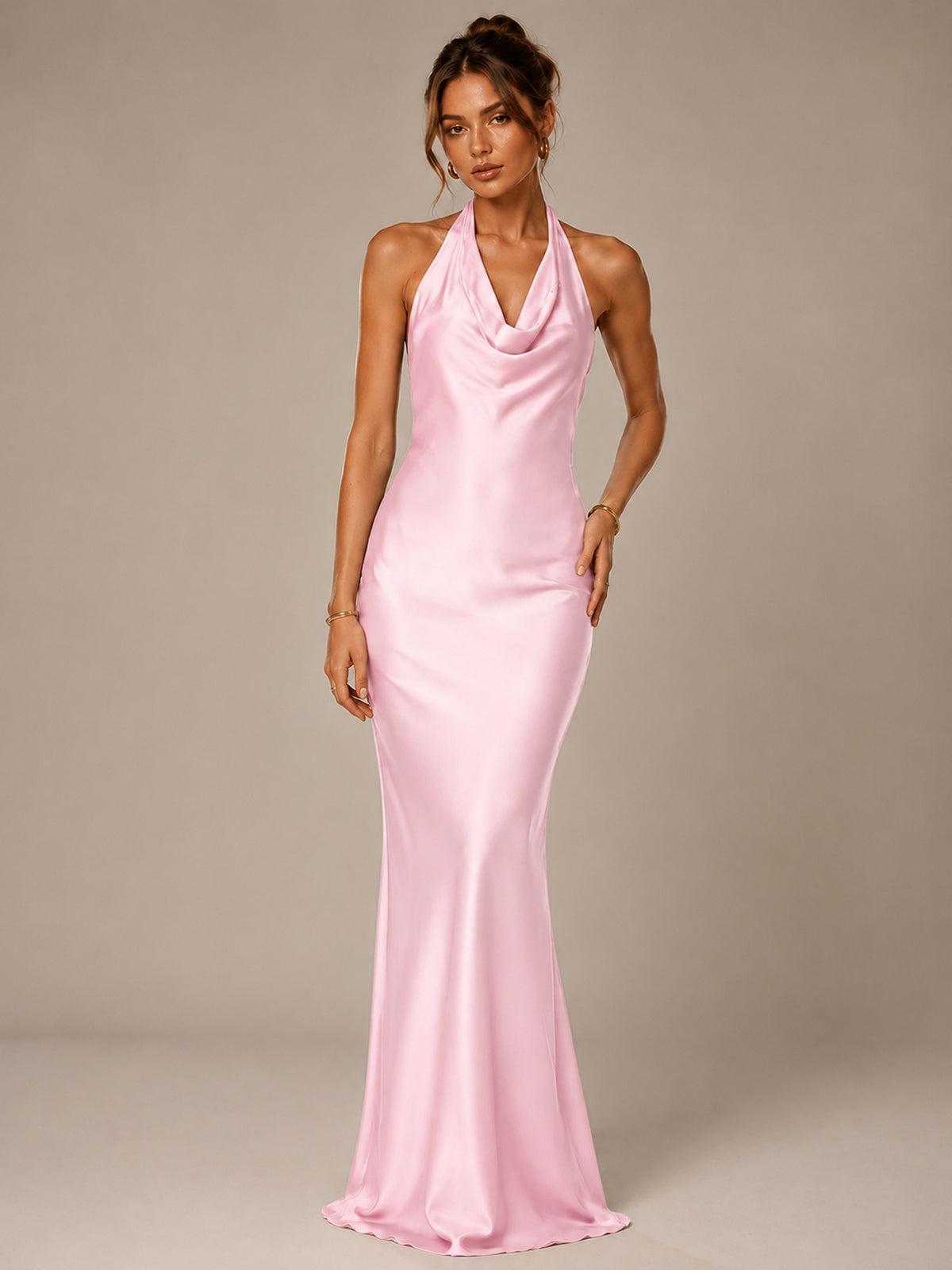 Olive Green Halter Satin Mermaid Maxi Dress