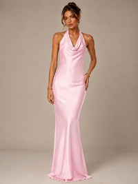 Olive Green Halter Satin Mermaid Maxi Dress