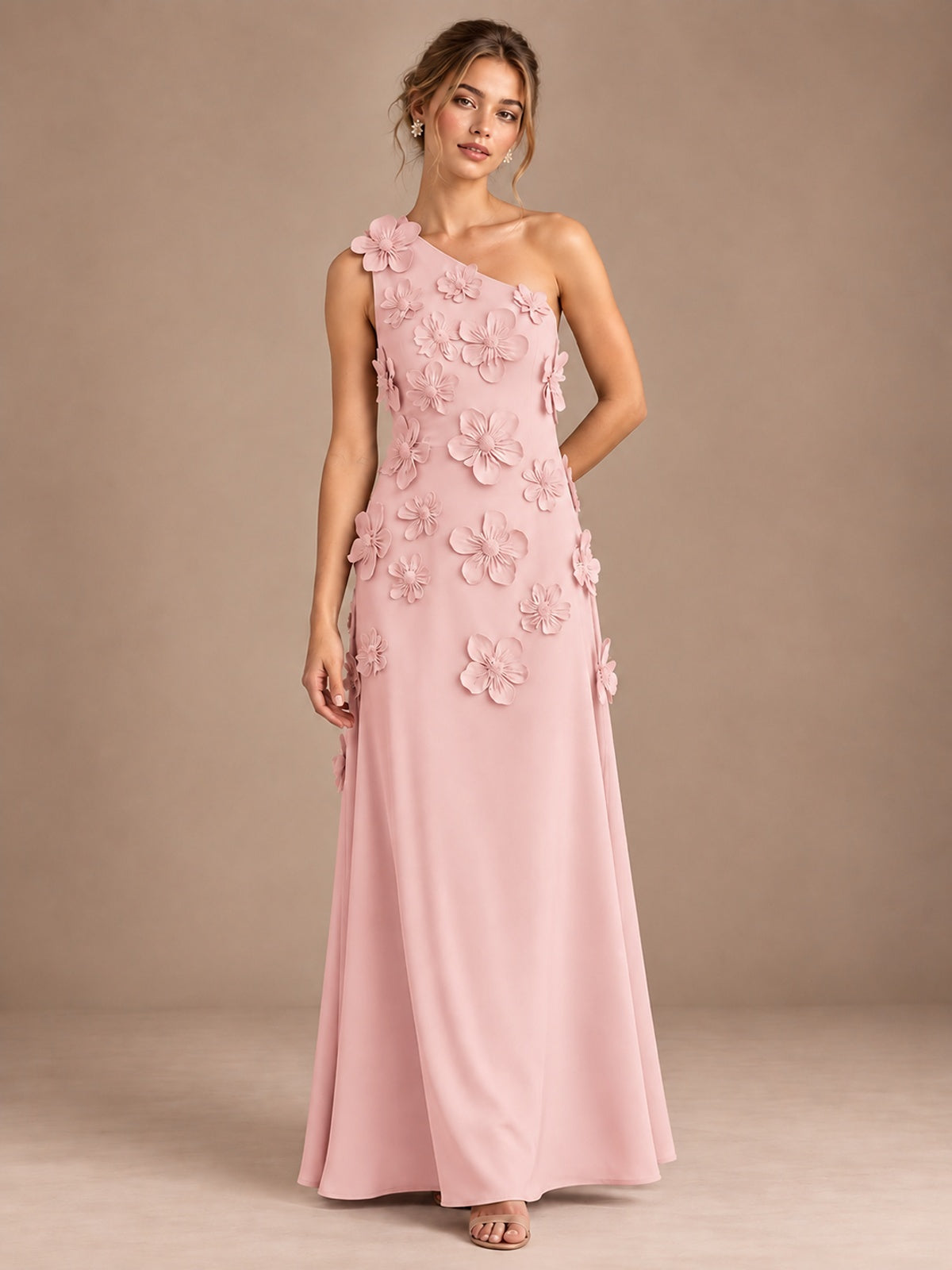 Pink- One Shoulder Satin Formal Maxi Dress with 3D Floral