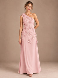 Pink- One Shoulder Satin Formal Maxi Dress with 3D Floral