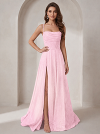 Pink Sparkly Cowl Neck Corset Long Prom Dress with Slit A-line Tulle Ball Gown Formal Evning Party Dress