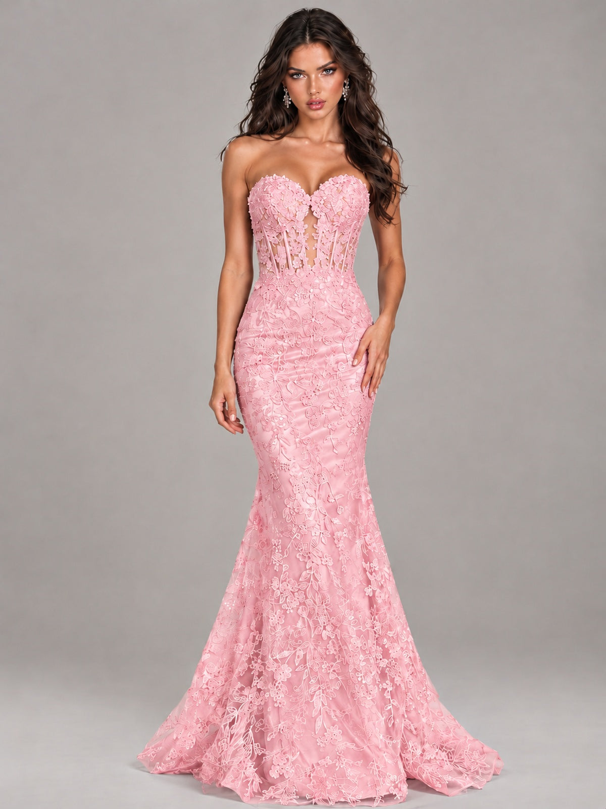 Strapless Corset Mermaid Prom Dress Lace Appliqué Formal Gown