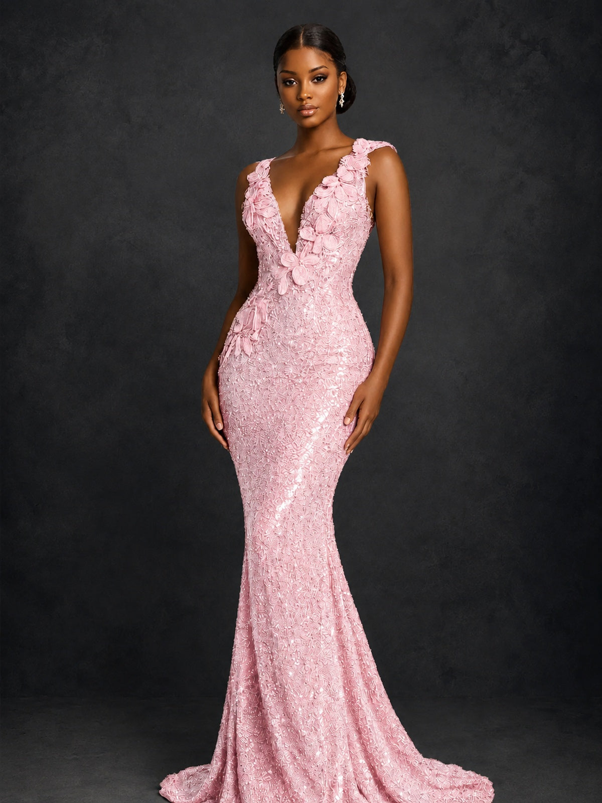 Gold Sequin Floral Applique Mermaid Prom Dress