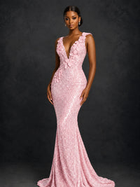 Gold Sequin Floral Applique Mermaid Prom Dress