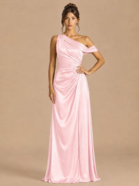 Pink-satin one shoulder prom dress ruched long formal gow Jovelle