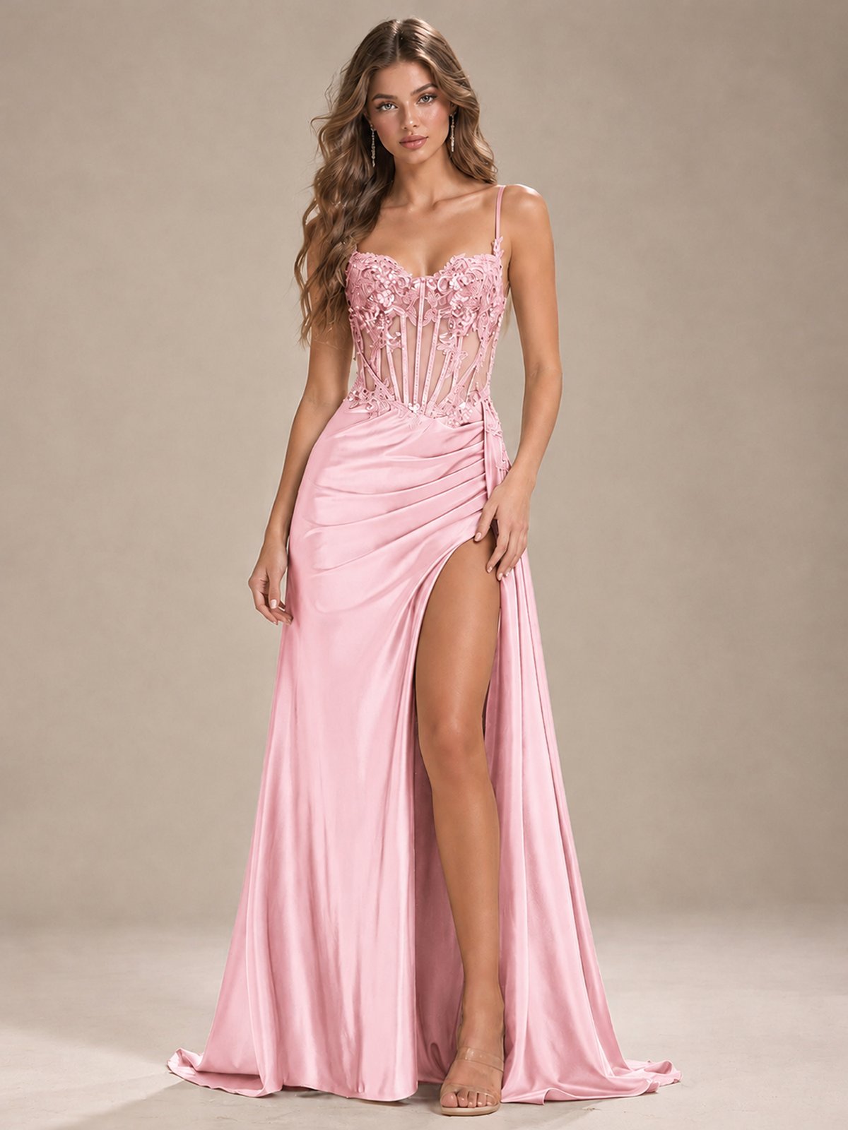 Mermaid Satin Prom Dress with Floral Appliqué Corset and High Slit