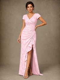 V-Neck Floral Jacquard Mother of the Bride Dress with Slit