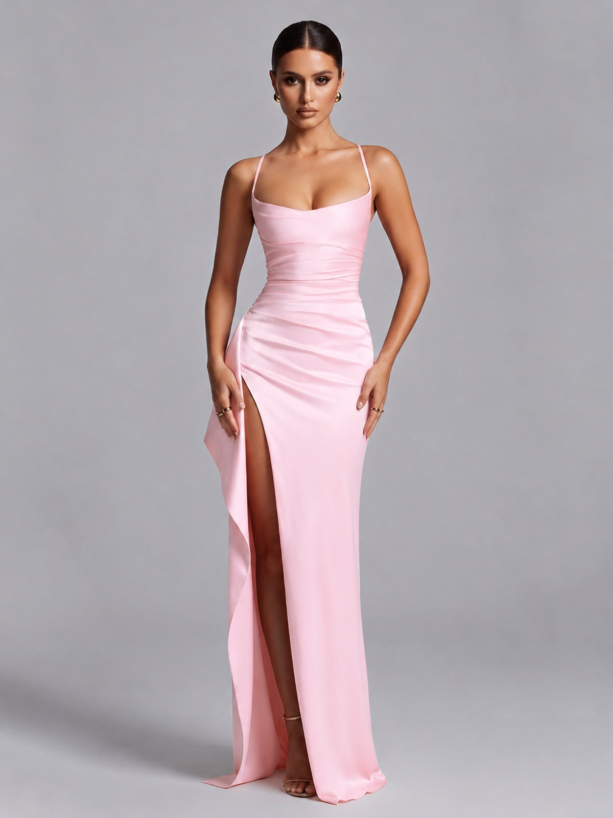 Pink Squre Neck Pleated Satin Prom Dresses for Teens Women Long Evening Formal Gown with Slit Ruffles