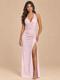 Pink-Blush Pink Halter V-Neck Sequin Mermaid Prom Dress with High Slit Jovellee