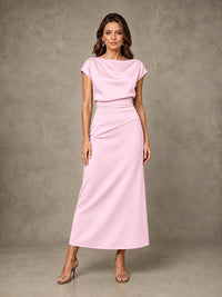 Cowl Neck Satin Mother of the Bride Dress with Ruched Waist