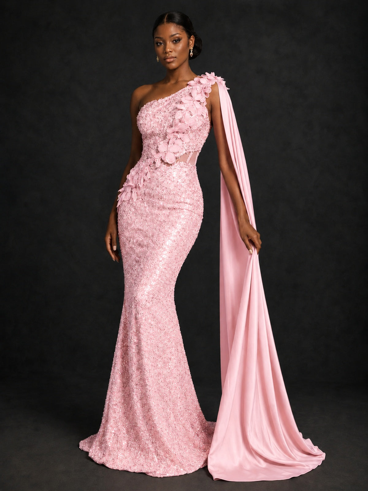 Gold Sequin One Shoulder Mermaid Prom Dress with Cape