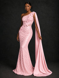 Gold Sequin One Shoulder Mermaid Prom Dress with Cape