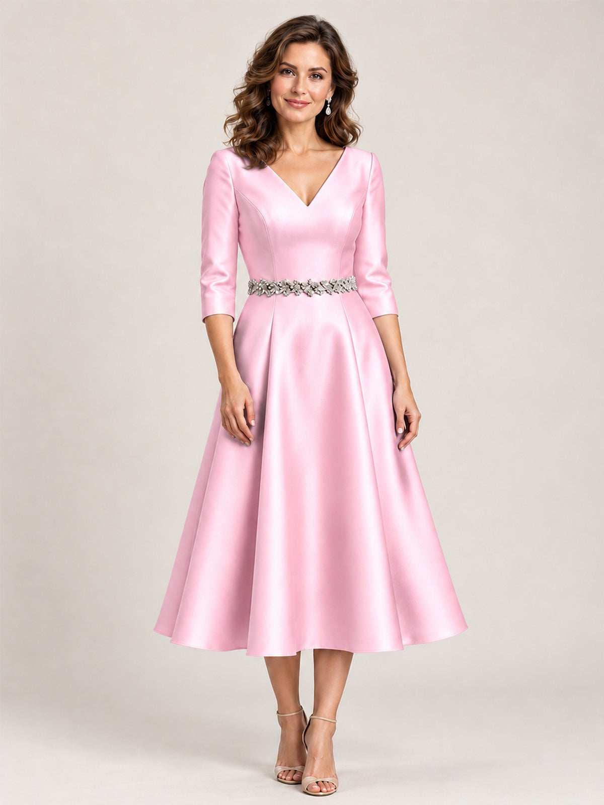Pink V-Neck Tea-Length Mother of the Bride Dress with Embellished Waist