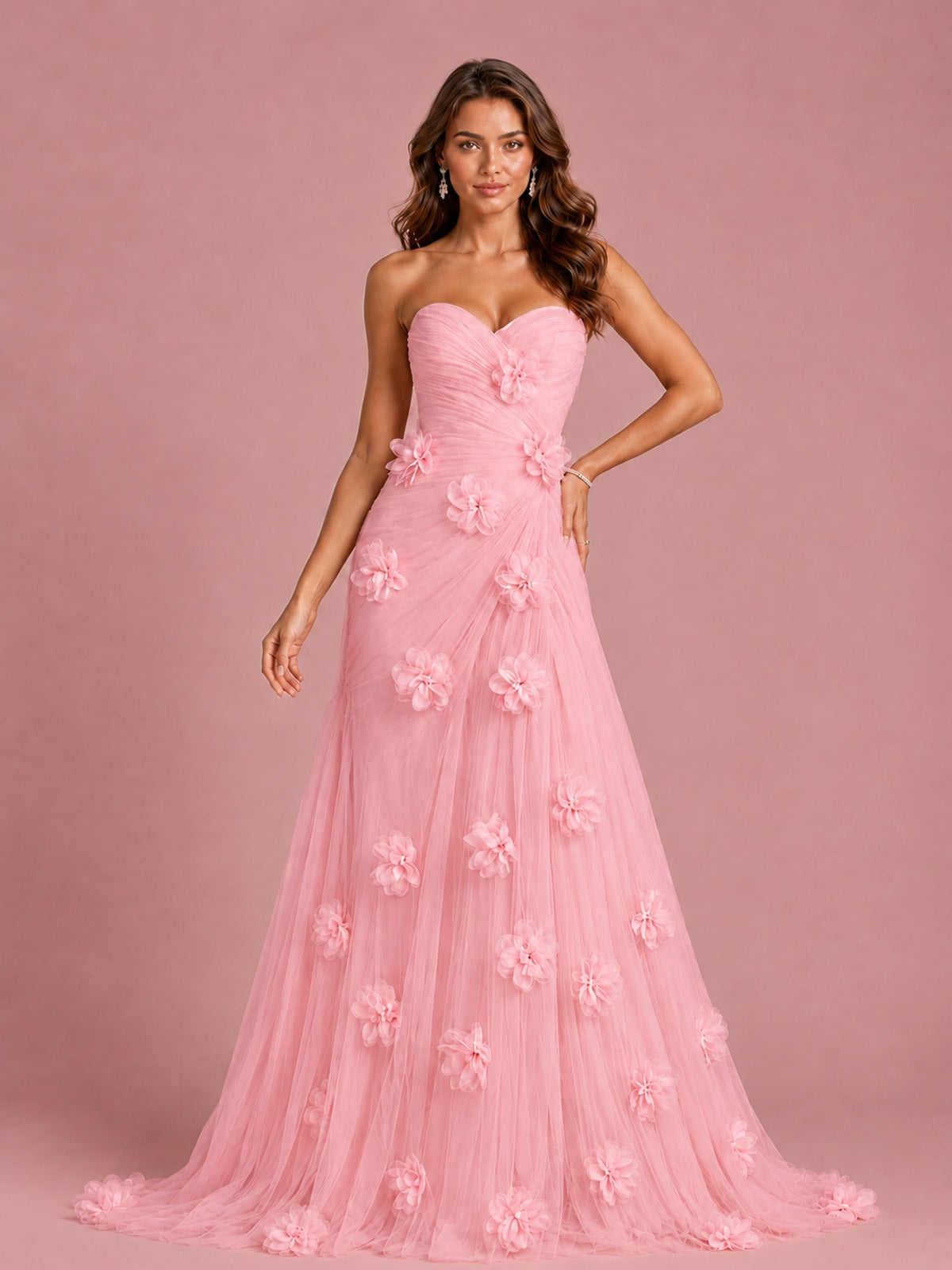 3D Floral Applique Strapless Tulle Prom Dress with High Slit