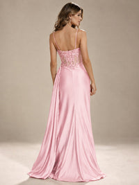 Mermaid Satin Prom Dress with Floral Appliqué Corset and High Slit