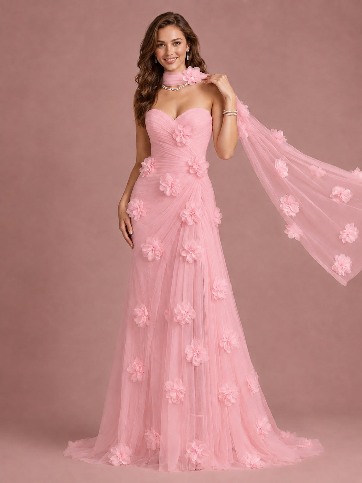 Blush Pink Strapless Sweetheart 3D Floral Tulle Mermaid Prom Dress