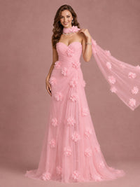 Blush Pink Strapless Sweetheart 3D Floral Tulle Mermaid Prom Dress