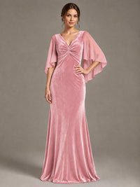 Navy Blue Velvet V Neck Mermaid Formal Dress with Flutter Cape Sleeves