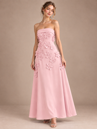 Pink Strapless 3D Floral Appliques Maxi Dress
