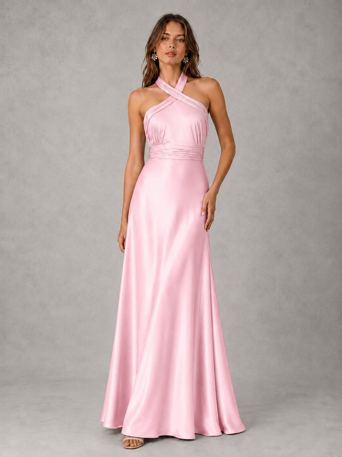 Sage Green Satin A-Line Bridesmaid Dress with Halter Neck