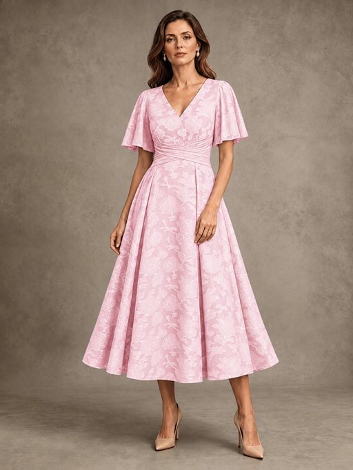 V-Neck Floral Jacquard Tea-Length Mother of the Bride Dress