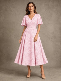 V-Neck Floral Jacquard Tea-Length Mother of the Bride Dress