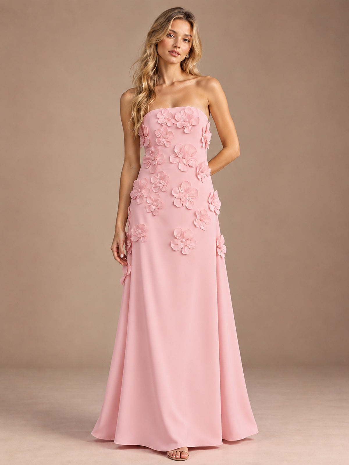 Pink-Strapless 3D Floral A-line Satin Prom Maxi Dress Formal Evening Gown