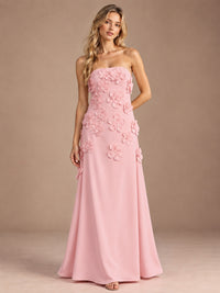 Pink-Strapless 3D Floral A-line Satin Prom Maxi Dress Formal Evening Gown